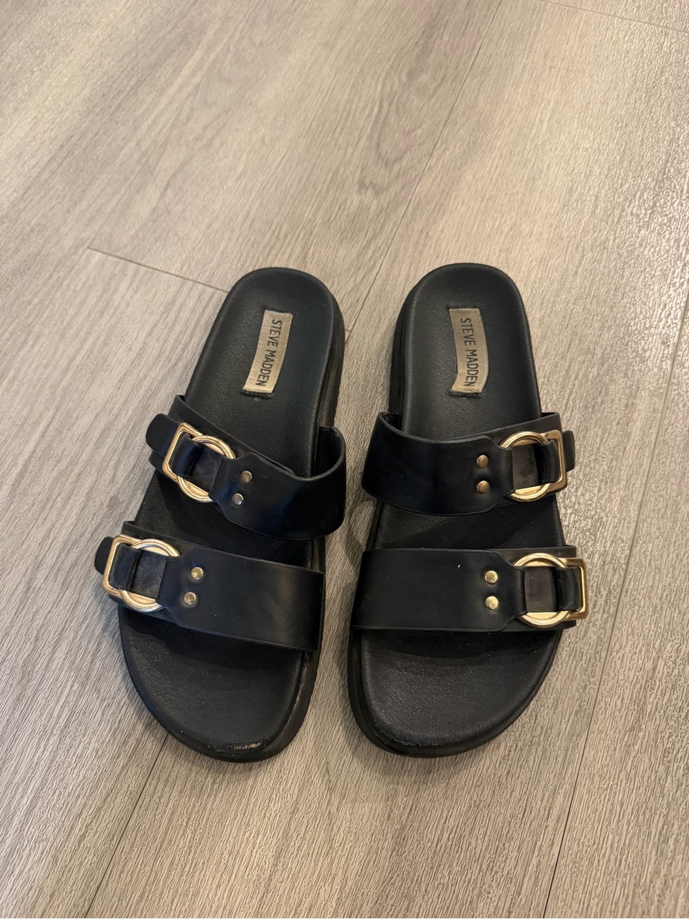 Steve Madden Black Slide Sandals with Gold Buckles